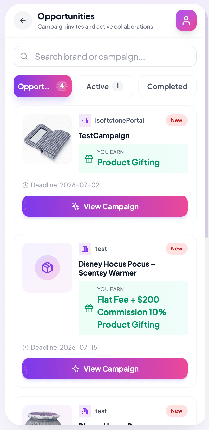 Creator HQ opportunities screenshot